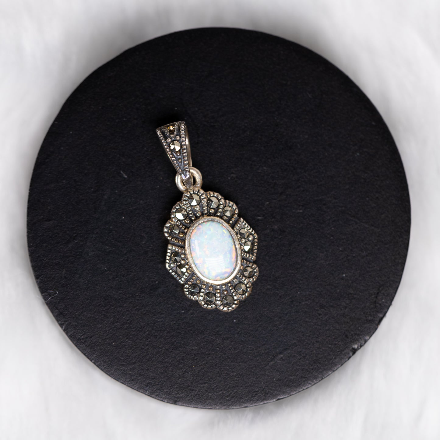 Sterling Silver Opal Marcasite Pendant