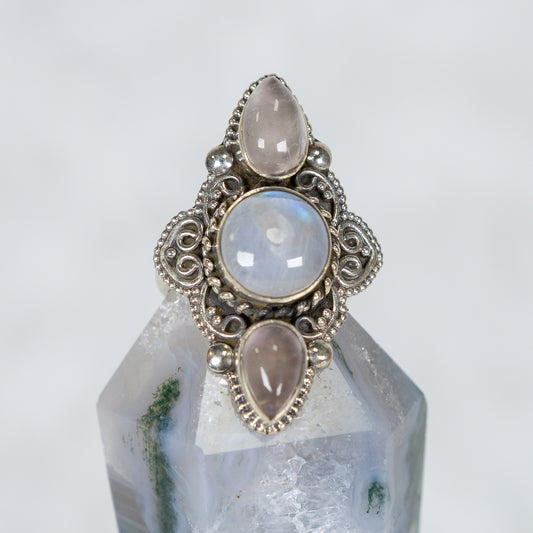 Sterling Silver Moonstone Rose Quartz Ring Size Q