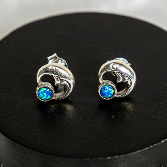 Sterling Silver Opal Moon Earrings Studs