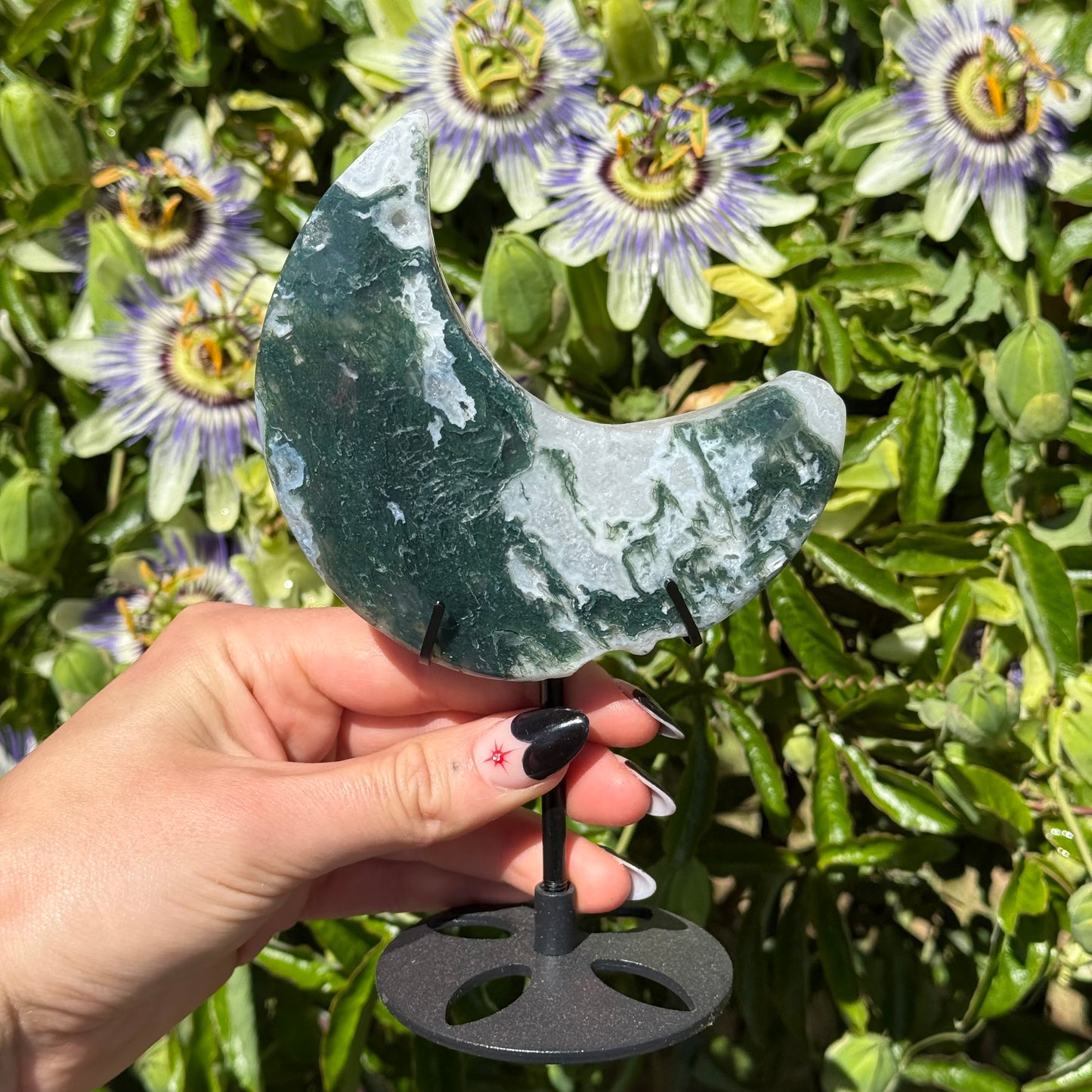 Moss Agate Moon On Stand