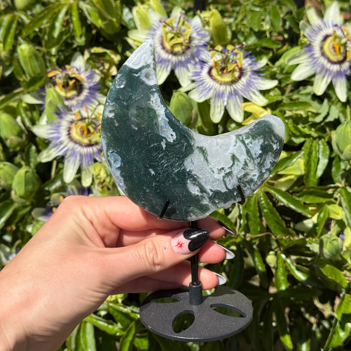 Moss Agate Moon On Stand