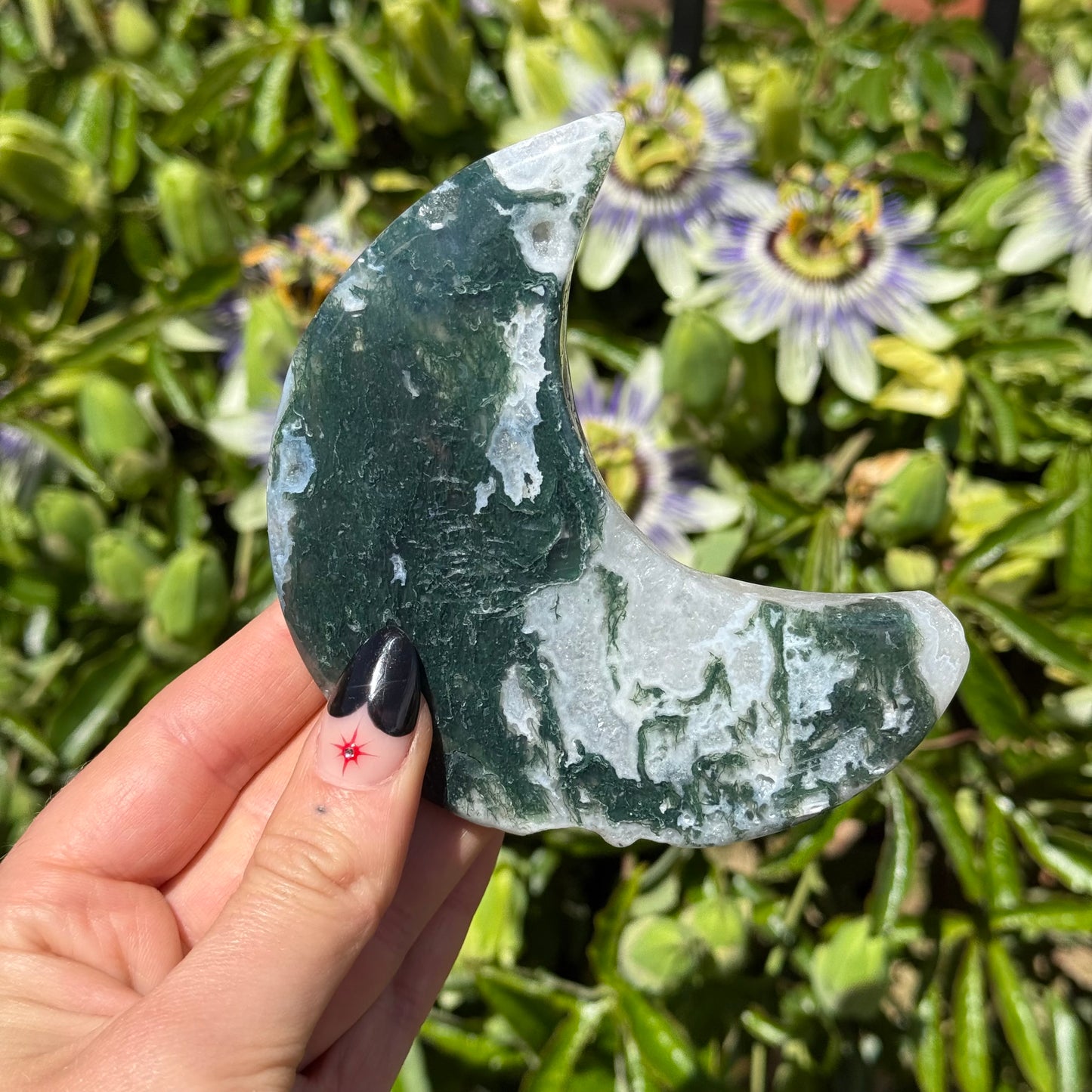 Moss Agate Moon On Stand
